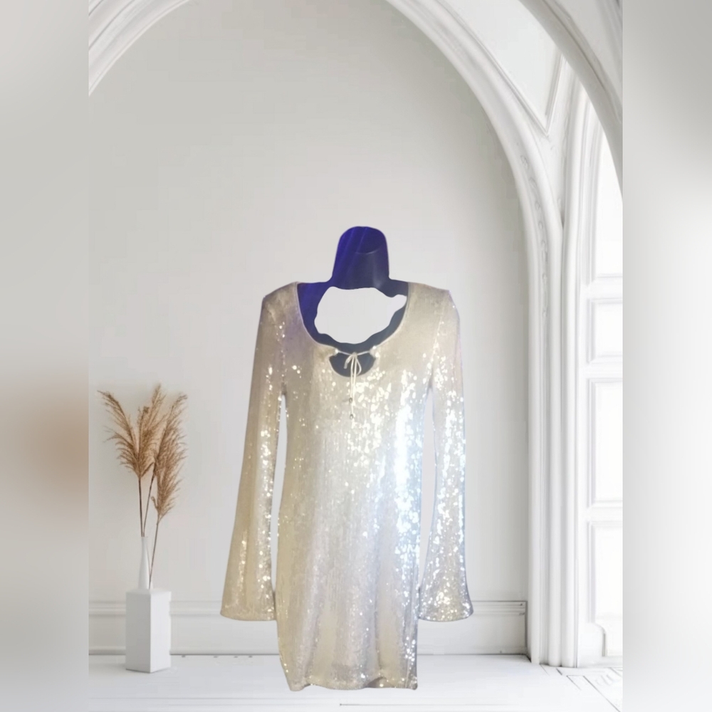 Off White Sequin Long Sleeve Dress - Picture 1 of 4